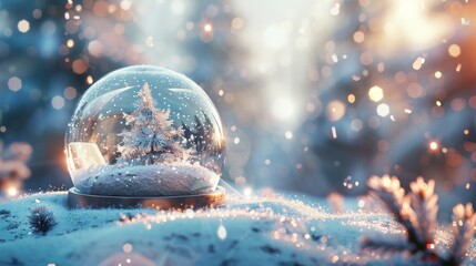 3D rendering of an abstract winter Christmas background with an empty crystal snow globe...