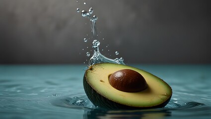  half-sliced avocado with its seed intact, set against a dark background. The avocado is captured mid-splash, with water droplets suspended around it, creating a dynamic and fresh appearance