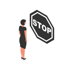 Stop sign on the path of a businesswoman. An obstacle in a person's path. Vector illustration isometric design. Isolated on white background.