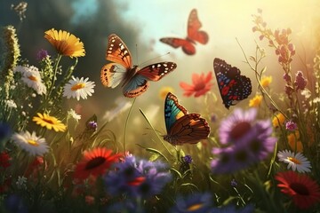 Butterflies fly over field colorful flowers on a sunny day, wallpaper. AI generated.