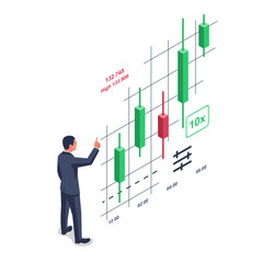 Financial trading graph. Trades on financial stock exchange. Tradings concept. Successful businessman looks at stock schedule. Stock exchange. Forex market. Vector flat design. Modern investment.