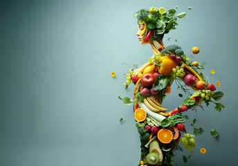 Woman figure made with various fruits and vegetables at blue background with copy space