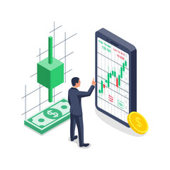 Tradings concept. Successful businessman trades on the stock exchange through an application on a smartphone. Financial trading graph. Vector illustration isometric design.