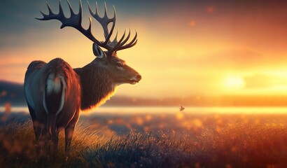 Beautiful deer on a background with a sunrise in a clearing. AI generated.