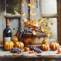 Autumn still life with pumpkins, red wine bottle and grapes on rural table at window background - 781985757