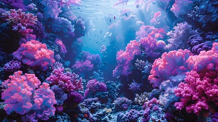 Fototapeta na wymiar Captivating Coral Reef Ecosystem with Vibrant Neon-Tinged Colors and Fluid Organic Shapes Showcasing the Dynamic Beauty of the Underwater World