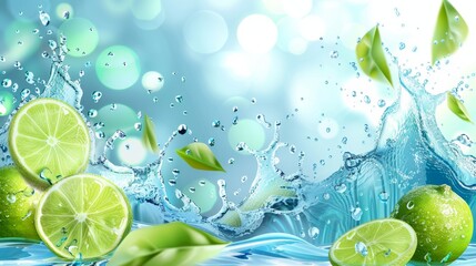 Light blue bokeh background with a realistic 3-D lime and splashing water.