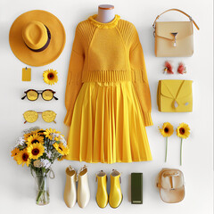 Yellow women outfit flat lay with skirt and pullover, shoes and jewelry, sun hat, bags and sunflowers at white background. Top view