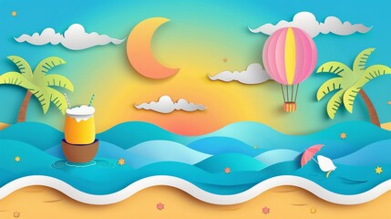 Fototapeta na wymiar Summer fun template set in paper cut style showing an ocean wave reaching the seashore, a hot air balloon floating in the air, and a coconut drink floating in the sea.