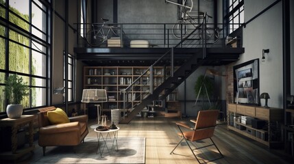 Fototapeta premium Design of a cozy living room interior in a modern loft style. AI generated.