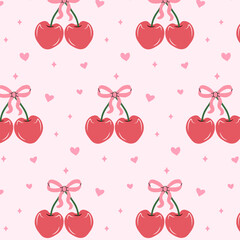Seamless pattern of pink cherries and bows. Gift ribbons in hand drawn styles. Coquette core cute trendy design. Design for wrapping paper, packaging, background, fabric, textile, home decor, gifts