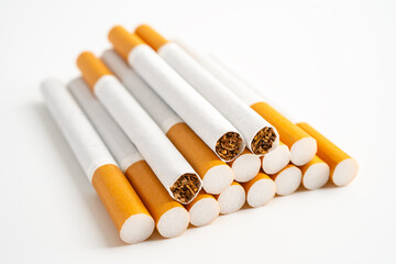 Cigarette on US dollar banknotes, cost, trading, marketing and production, No smoking, imort export concept.