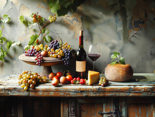 Still life with red wine bottle, cheese and grapes on rustic table