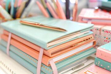 Stacked pastel notebooks with a golden pen on top, amidst a blur of colorful stationery items