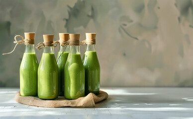 Bottles with green smoothie on kitchen table with sunshine. Healthy lifestyle and eating