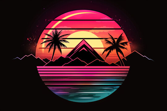 Synthwave style sunset with palm silhouettes, neon lines, and mountain outlines within a circle