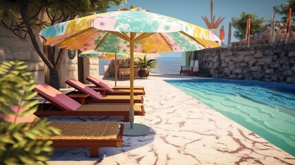 Multi-colored sun loungers with umbrellas by the pool near the house. AI generated.