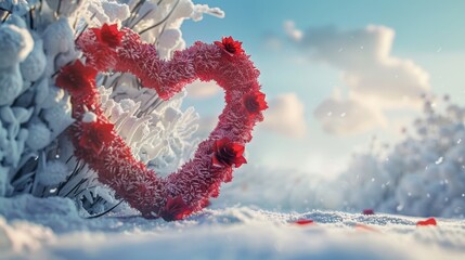 Valentine's day concept with a heart-shaped frame on a winter landscape background. A 3d rendering.