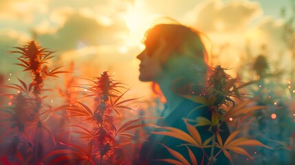 Glowing Sunset Over Vibrant Cannabis Field in Serene Natural Setting