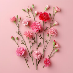 Floral arrangement with carnations on a pink background. Concept for Valentine's Day or Women's Day, Mother's Day, greeting your loved one on holiday.