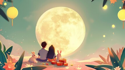 Jade rabbits picnicking and watching the full moon outdoors with giant mooncakes and pomelo. Message: Family reunited. Celebrate the festival together.