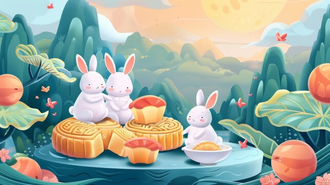 This illustration depicts jade rabbits celebrating the Mid Autumn Festival outside with giant mooncakes and pomelo. Text says: Happy Mid Autumn Festival, August 15th.