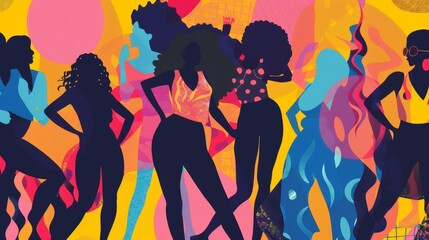 Fototapeta na wymiar A vibrant montage of women posing in lingerie, accentuated with playful, dynamic line art, showcasing diverse body types and confidence