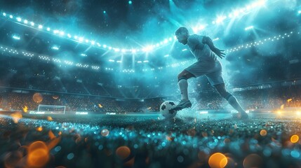 Peak Action Under Stadium Lights: Soccer Player's Powerful Kick