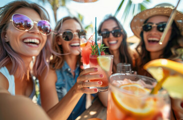 A group of friends taking a selfie while having drinks at an outdoor bar during summer, laughing and enjoying the party together
