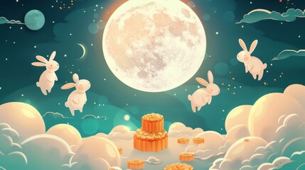Jade rabbits floating around a mooncake stack. Happy Mid Autumn festival.