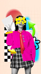 Positive stylish girl showing her love for modern fashion with playful and colorful style choices. Contemporary art collage. Concept of modern fashion, creative, youth, style. Vibrant design
