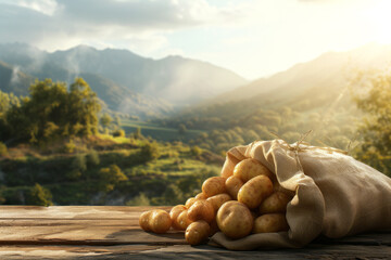 Rustic background with a wooden table and a bag of new potatoes on it against the backdrop - Powered by Adobe