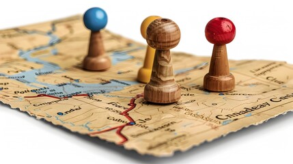 Wooden Map Markers Pins on Vintage Paper Map Backdrop Showcasing Travel and Navigation Concept