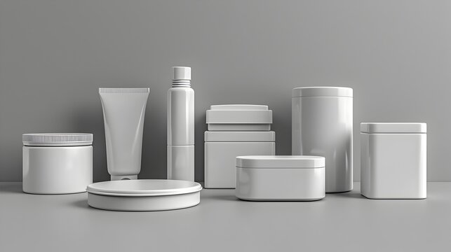 Assorted White Plastic Containers and Packaging in Various Geometric Shapes for Versatile Product Presentation and Design