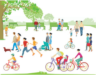 Menschengruppen im Park mit Familien, Eltern und Kinder, illustration - 781987518