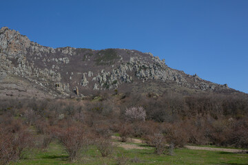 Mountains in spring Crimea against a background of blue sky and bright sunlight