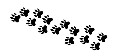 There are many traces of silhouettes of black paws of a wild leopard-dog. Vector illustration - obrazy, fototapety, plakaty
