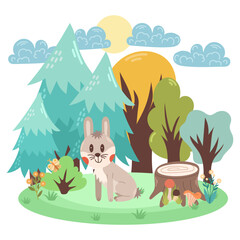 Cute illustration with a rabbit in flat style among a forest of trees and fir trees. Vector children's scene.