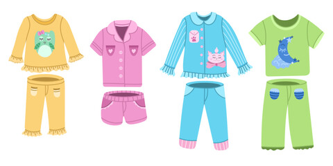 A set of sleeping sets and clothes. Colored children's or teenage colored clothing