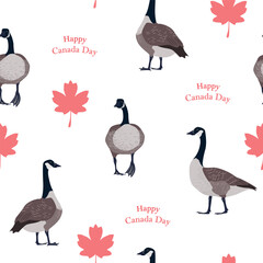 Red maple leaves and Canadian geese on white background. Canada Day seamless pattern, vector illustration.