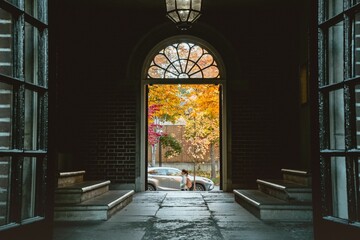 View of a street in autumn through open arched door. - obrazy, fototapety, plakaty