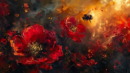 Palette knife abstract of a bee amidst flowers, in red, black, gold, and yellow, on a dynamic, naturethemed background with intense lighting and vivid highlights - obrazy, fototapety, plakaty