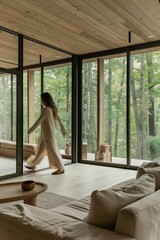 Lumination interior design photography of an apartment with white walls and wooden beams on the ceiling. The living room has natural wood accents. woman is walking through the space towards the camera