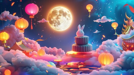 The poster features mooncakes, pomelo, and a sky lantern floating in a gradient night sky with full moon. It has the text: Happy Mid Autumn Festival. Happy Mid Autumn Festival to you on August 15th.