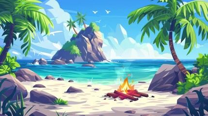 There is a lost island in the ocean with a castaway trying to get help. Modern cartoon seascape with palm trees, rocks, and a sandy beach with a bonfire. - obrazy, fototapety, plakaty