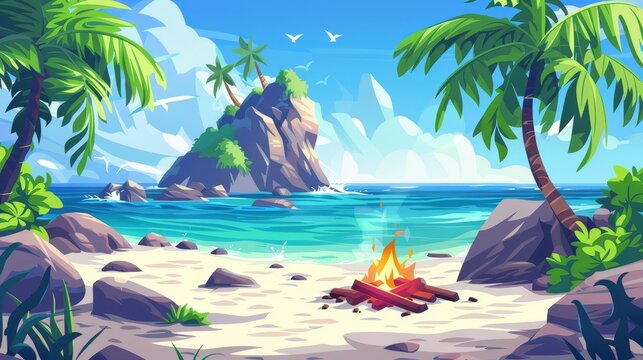 There is a lost island in the ocean with a castaway trying to get help. Modern cartoon seascape with palm trees, rocks, and a sandy beach with a bonfire.