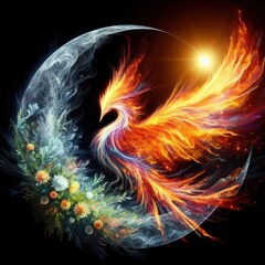 A majestic phoenix reborn from digital ashes in a blaze of holographic flames A majestic phoenix reborn from digital ashes in a blaze of holographic flames abstract 3D 