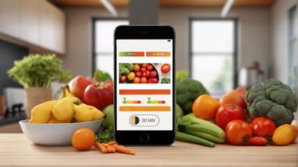 Online cookbook and shopping list through mobile app marketplace. Phone with lunch recipe and ingredients on the screen on the kitchen counter. Modern domestic lifestyle.