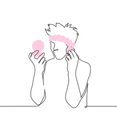 man with a Headband on his head applies makeup - one line art vector. hand-drawn sketch of a man applying blush. male beauty blogger