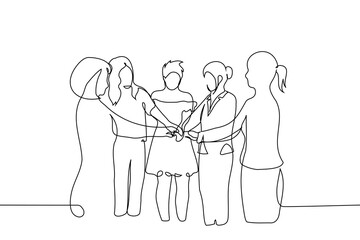 group of five women stand with their hands extended to the center all together one line art vector. Hand-drawn sketch illustration. concept of women's solidarity, feminism
